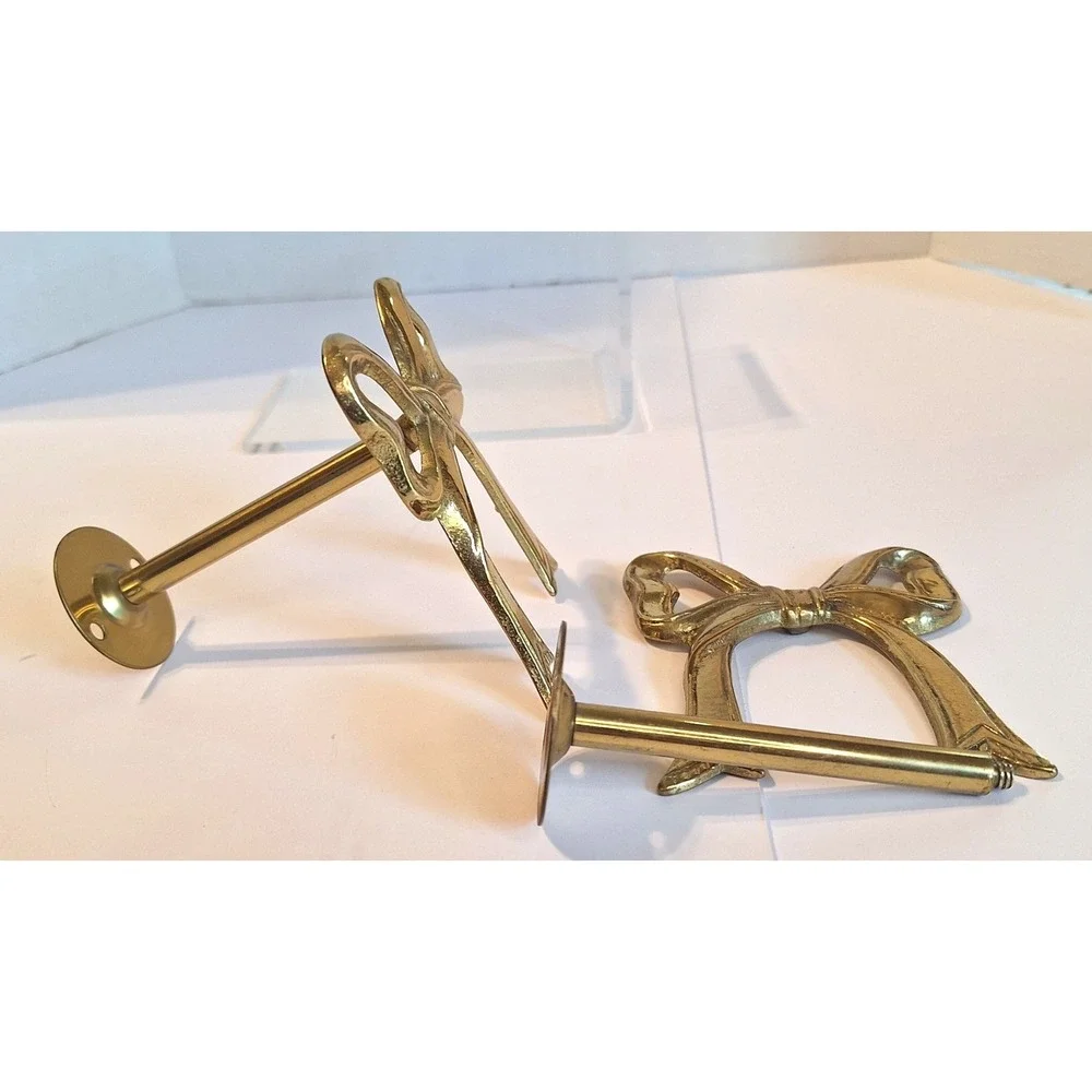 Vintage Brass Bow Curtain Tiebacks Set Gold Ribbon Wall Hooks Regency Decor 2pc